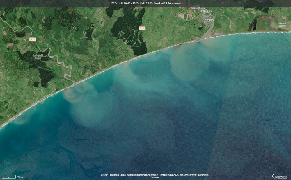 Two river plumes in Hawke Bay [Credit: Sentinel-2 L2A True colour satellite, Copernicus].