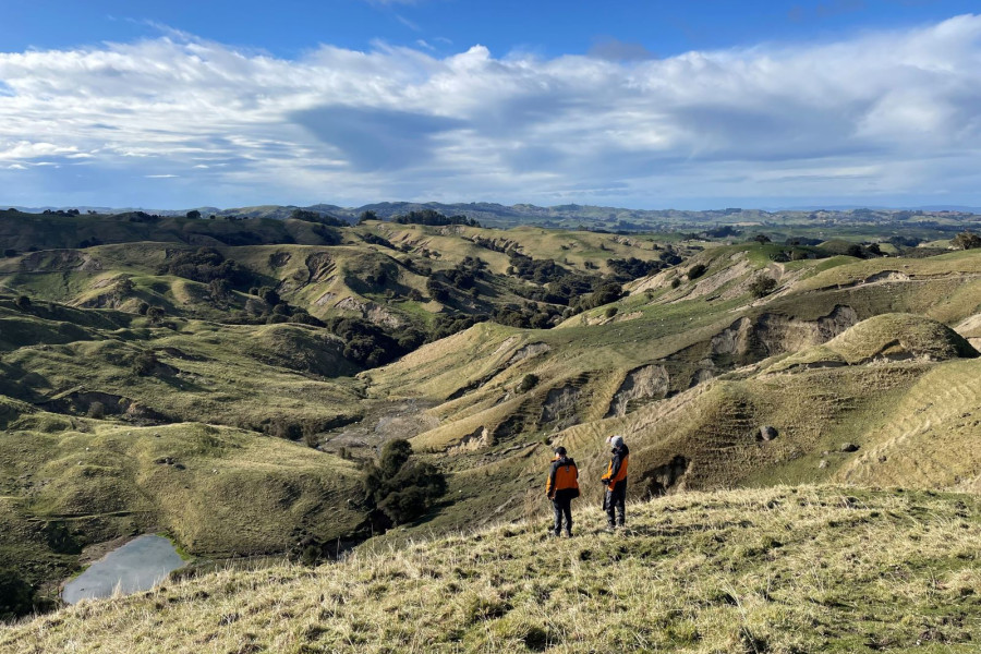 ESNZ engineering geologists Chris Massey and Kerry Leith survey Cyclone Gabrielle landslides in Hawkes Bay (web)